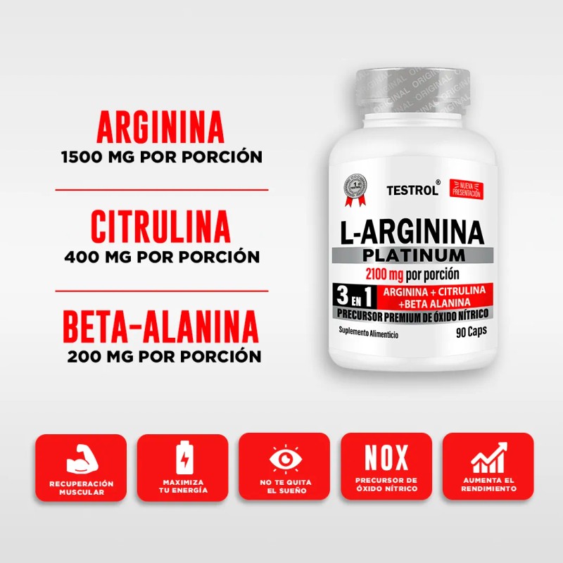 L-arginina Platinum 2100mg 3 en 1 Testrol 90 Cápsulas sin