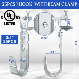 Tandefio 25 Pack Cable Support J Hook with Beam Clamp, Heavy Duty Metal Wire Cable Support J Hook Hangers for Wire Management(3/4 Inch)
