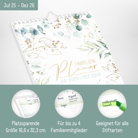 Häfft® Family Calendar 2025/2026 with 4 Columns "Gold Leaf" Compact Wall Calendar for 18 Months Jul 25 to Dec 26-16.6 x 32.3 cm - Wall Planner, Family Planner - Sustainable & Climate Friendly