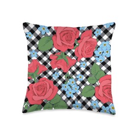 Pioneer Country Farm For Woman Pioneer Country Farm Vintage Red Blue Floral Black Gingham Throw Pillow, 16x16, Multicolor