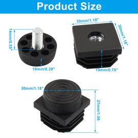 Unlorspy 12Pcs Black Square Tube Insert Kits Square Insert Furniture Leveling Gauge with Adjust Thread Feet for 1.18"x1.18" OD Square Pipe Tube