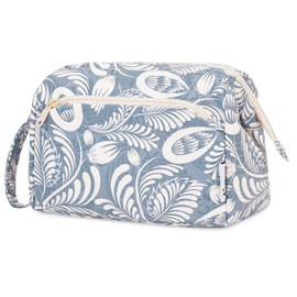 Narwey Large Makeup Bag Wide-Open Zipper Pouch Travel Wash Bag Toiletry Bag Cosmetic Organizer for Women (Blue Leaf)