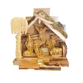 Bethlehem Gifts TM Olive Wood Christmas Nativity Scene Set Stable with Figurines from Jerusalem (4.5" high Alabaster Stable with glued Figurines)