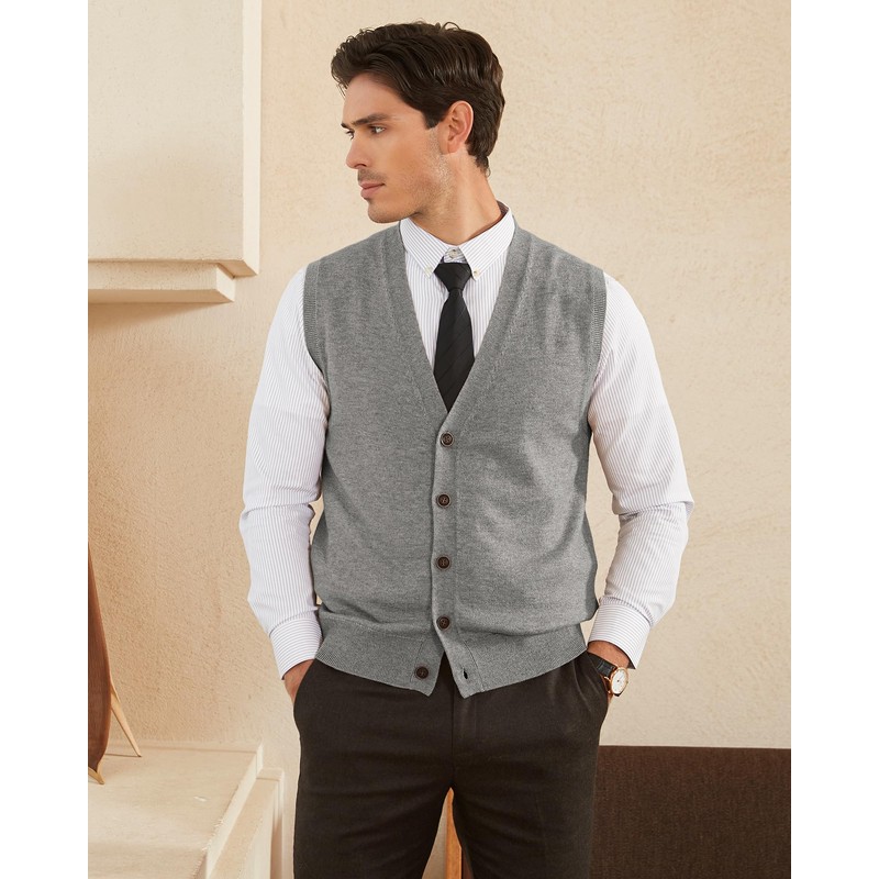 Kallspin Men's Knitted Cardigan Sleeveless V-Neck Wool Blend, lightgrey