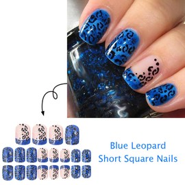 24Pcs Leopard Press on Nails Short Square Fake Nails Blue Leopard Print False Nails Full Cover Acrylic Nails Blue Glitter French Tip Stick on Nails Cheetah Nails for Coquette Women
