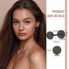 ZDE Women Earrings Flat Back Dot Earrings Titanium Hypoallergenic Cartilage Non-Nickel Earrings Studs for Sensitive Ears Simple Classic 5mm Screw On Stud Earring (Black)