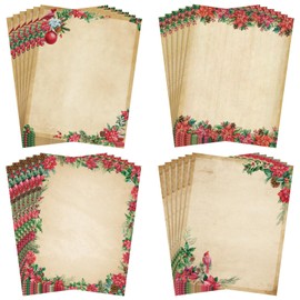 Teling 48 Sheets Christmas Poinsettia Stationary Paper 8.5 x 11'' Cardinal Printer Paper Xmas Pine Cones Berries Letterhead Vintage Holiday Writing Letter Paper for Notes Greeting Invitations Office