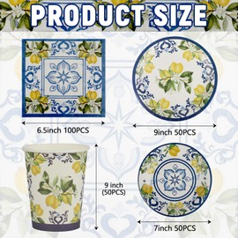 250 PCS Capri Lemon Party Tableware Supplies, Disposable Blue Paper Plates Cups Napkins, Blue Tile and Mediterranean Lemon Dinnerware Set for Anniversary, Birthday Decorations, Serves 50 Guests