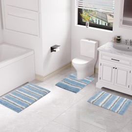 Non Slip & Machine Washable Bathroom Rugs Sets 3 Piece with Contour | Luxurious Water-Absorbent Thick Plush Shaggy Mat Lavish Cushioned Feel Underfoot, Pretty Blue & Gray Color