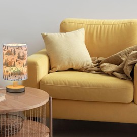 Bear Elk Mountain Outdoor Themed Table Lamp for Bedroom USB Port Lamps Small Accent Table Lamp Nightstand Lamp Study Linen Shade with Wooden Base, Decorative Lamps for Bedside Reading|Kids|Dorm|Home