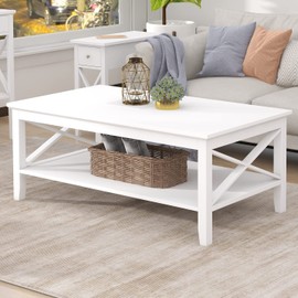 ChooChoo White Coffee Table Classic X Design for Living Room, Rectangular Modern Cocktail Table with Storage Shelf, 39 Inch