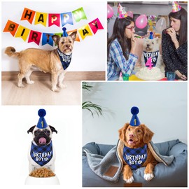 Dog Birthday Party Accessories, Reusable Dog Birthday Hat and Bandana with Numbers, Blue Pompom Party Hat Pet Outfits Accessories Party Decoration for Small Medium Dogs and Cats