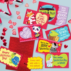 Designer Greetings Valentine’s Day Cute Critters Boxed Kids Cards and Sticker Assortment (35 Cards with 36 Foil Stickers)