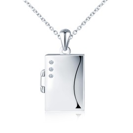 INFINIONLY Women's Girls Locket Necklace 925 Silver Square Chain Pendant with Cubic Zirconia Creative Photo Necklaces for Opening Souvenir Lockets, Silver, Cubic Zirconia