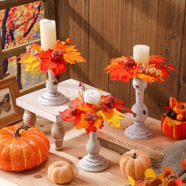 Mumufy 3 Pcs Thanksgiving Centerpiece Table Decorations Fall Candle Holder Wreath Ring Rustic Wood Pillar Candlestick Holder 6" 7" 8.6" Fall Leaves Harvest Dinning Table Decor for Kitchen Farmhouse