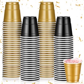 Roshtia 100 Pcs 2 oz Shot Cups Mini Disposable Shot Glasses 2oz Small Plastic Shot Cups for Birthday Bachelorette Party Wedding Baby Shower Snacks Serving Beer Drinking(Black, Gold)