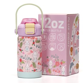 pluseight Kids Metal Water Bottle with Straw, 12 oz BPA-Free Double Wall Vacuum Tumbler 18/8 Stainless Steel Leak Proof Kids Cups with Straw for School Travel Boys Girls (Rabbit)