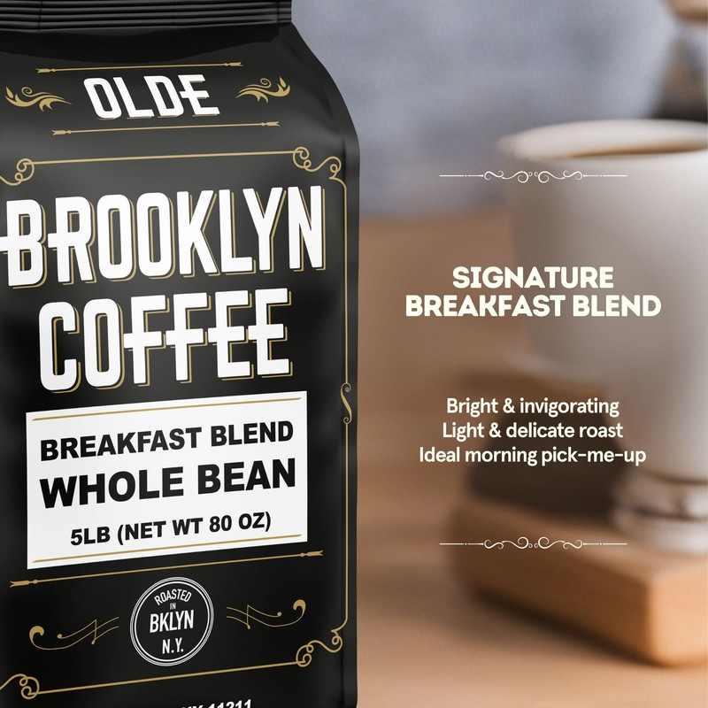 BROOKLYN COFFEE Whole Bean, Breakfast Blend Light Medium Roast (5lb)
