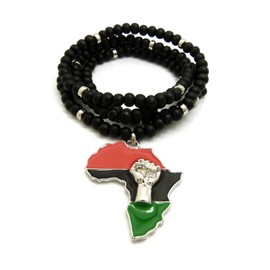 Fist Power in Pan African Colored Africa Map Pendant 6mm 30" Wooden Bead Necklace (Pan Color / 6mm 30" Wooden Bead Silver)