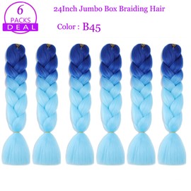 Jumbo Box Braiding Hair Extensions 24 Inch Blue to Sky Blue High Temperature Synthetic Fiber 6 pcs Ombre Colored Braiding Hair Twist Crochet Braids for Black Women(24",B45)
