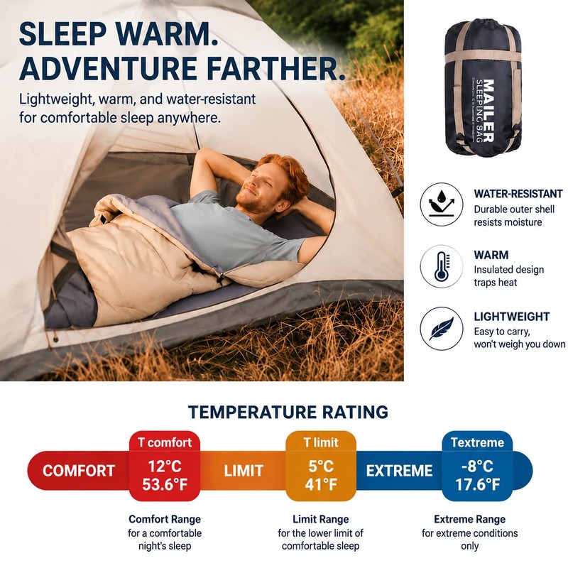 Blackpongo 3-Season Sleeping Bag for Adults, Lightweight Hooded Camping Sleeping