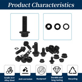 Flange Hex Head Screw Bolts Assortment Kit with Nuts,Washers & Lock Spring Washers, Class 10.9 Alloy Steel Black Zinc Plated, M6 X 12-30mm, M8 X 16-30mm and M10 X 30mm Fully Threaded(Black)
