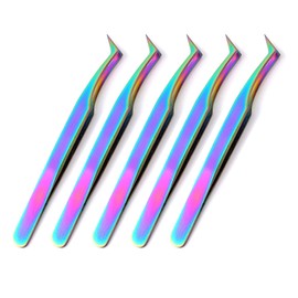 OdontoMed2011 5 Pieces Stainless Steel Multi Rainbow Color 3D Eyelash Extension Tweezers Semi Angled Jewelry-Making, Laboratory Work