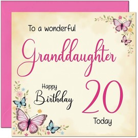 20th Granddaughter Birthday Card - Beautiful Butterfly Floral Granddaughter Birthday Card for 20 Year old twenty twentieth