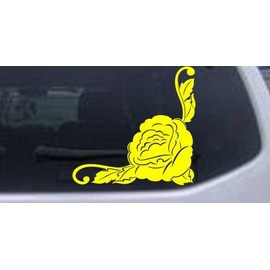 Yellow 4in X 3.9in - Rose Inside Corner Flowers and Vines Car Window Wall Laptop Decal Sticker