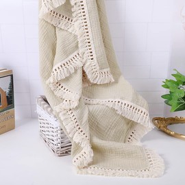 Blausky 1 x Muslin Baby Blanket, Baby Blanket, Cotton Blanket, Throw with Fringes, Sofa Blanket, Sleeping Blanket, Muslin Blanket, Tassel Blankets, Crawling Blanket, for Toddlers, Girls, Boys, Khaki,