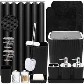 XLHOMO XLHOMO Bathroom Set with Shower Curtain and Rugs- 25PC Bathroom Accessory Set, Black Shower Curtain Set, Toilet Brush, Trash Can, Qtip Holder Dispenser & Soap Dispenser