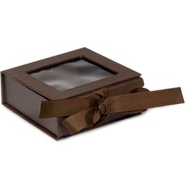 Pack of 24, 4 x 4 x 1-5/8" Small Solid Chocolate Gourmet Folding Boxes w/Ribbon Closures & Window Lid