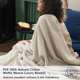 PHF 100% Cotton Waffle Weave Blanket Queen Size 90"x90" - Lightweight Cozy Washed Soft Breathable Throw Blanket - Great Blanket Layer for Couch Bed Sofa - Elegant Aesthetic Home Decoration-Linen