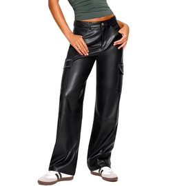 OZICERD Black Faux Leather Pants for Women High Waisted Flare Cargo Pants Y2k Straight Wide Leg Pleather Pants with Pockets L