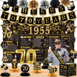 70th Birthday Decorations for Men Women,24PCS 1955 Banner Decorations,Including 1955 Banner,6Honeycomb Topper,70 Balloons,Anniversary Card,Cheers to 70 Years Banner,7 Hanging Swirl,6 Paper Poms,Sash