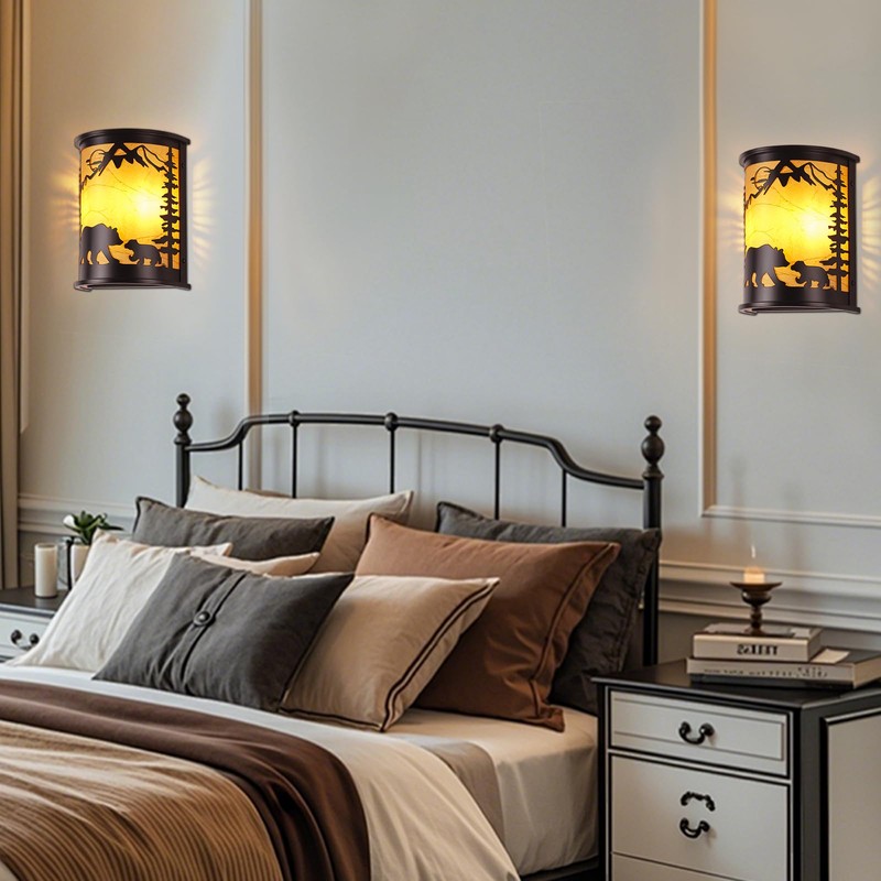 Rustic Wall Sconces, 2-Light Farmhouse Bear Wall Lamp with E12