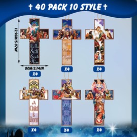 Spiareal 48 Pcs Christmas Cross Nativity Scene Hanging Ornament Jesus Christmas Wooden Hanging Ornament Birth of Jesus Decoration Cross Ornament Assorted Holy Family Religious Home Decoration