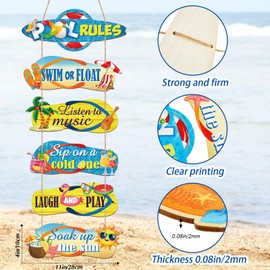 6 Pack Pool Rules Signs and Decor Outdoor, Wooden Beach Wall Hanging Decor, 4 x 11 Inch Summer Slippers Hanging Sign Flip Flop Outdoor Decorations for Swimming Pool Beach Coastal, Assemble by Yourself