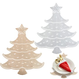 POPOYU 2Pcs Christmas PVC Placemats,Gold&Silver Xmas Tree Place Mats for Dining Table,38cm Round Vinyl Hollow Table Mats Waterproof Oil Non-Slip Washable Heat for Kitchen Wedding Christmas Decor