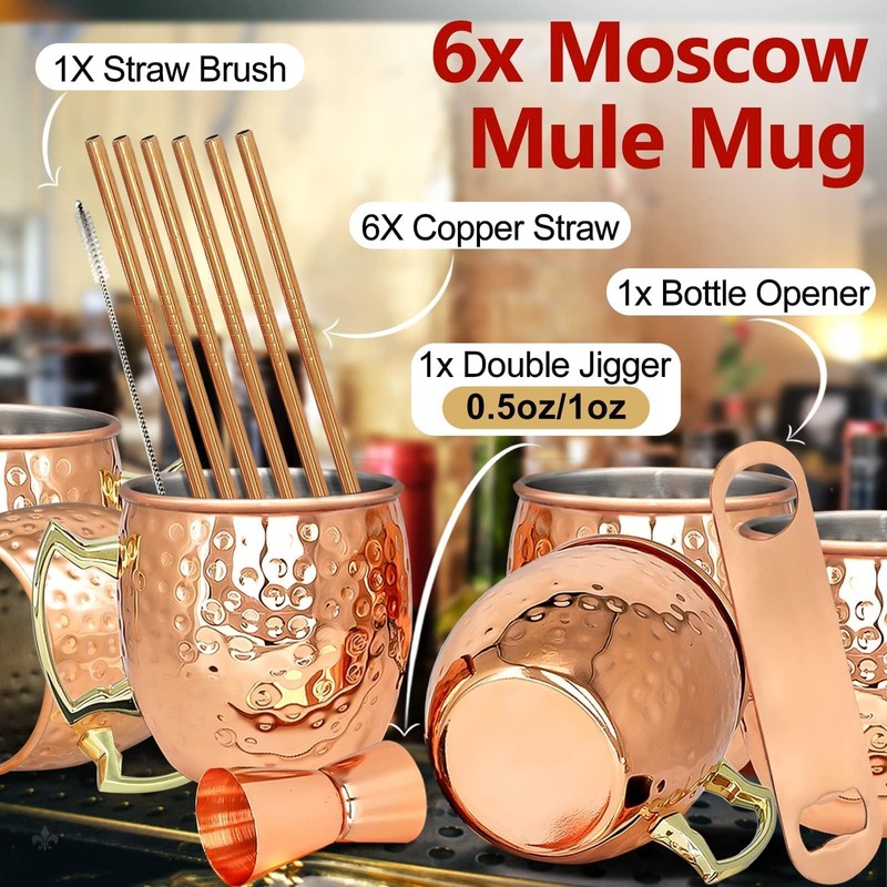 LINALL Moscow Mule Copper Mugs- Set of 6 Copper Plated