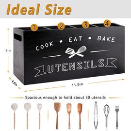 Groqrsn Large Black Utensil Organizer with Removable Dividers - Ideal Wooden Kitchen Countertop Organizer