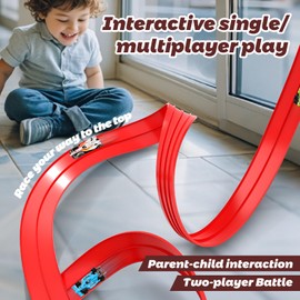 Flexible Toy Car Track for Racing, 4M Roll Up Race Track Includes 4 Diecast Toy Cars for Boys, Diecast Cars and Monster Trucks, Attach to Windows Doors for Bumps Jumps Tunnels Loops