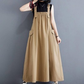 Mamkong Summer Maternity Overalls Dress - Full-Term & Nursing Friendly Beige Black/M