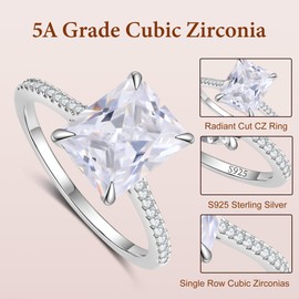 BAGUTTA PAVONE 4CT 925 Sterling Silver Radiant Cut Cubic Zirconia Engagement Rings for Women with 18K White Gold Plated, Solitaire CZ Engagement Promise Ring for Women Wedding Bands for Her Size8