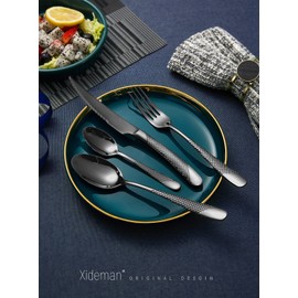 Xideman 16-Piece ​Modern Black Hammered Silverware Set with Ultra Sharp 2-IN-1 Serrated Knives, 18/10 Stainless Steel Flatware Set, Titanium ​Plated Cutlery Set Service for 4, Dishwasher Safe