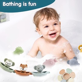 Badewannenspielzeug, 16 Stück Baby Badespielzeug Silikon Wasserspielzeug Kinder mit Spritztiere Fingerpuppen Boote Badelöffeln, Badespielzeug Baby ab 1 Jahr