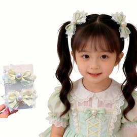 Lolita Style Ribbon, Pearl, Scrunchy, Kids, Organza, Hair Tie, Girls, Hair Accessories, Baby, Princess Style, Set of 2 (Green) gn