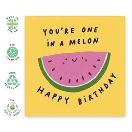 Cute Message Birthday Card - 'One In A Melon' - Gifts for Best Friends, BFF, Bruv, Mate, Brother, Cousin, Co-worker, Colleagues, Him- Watermelon Smiles- Comes with Fun Stickers