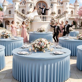 6 pk Dusty Blue Spandex Round Table Cloths for 60inch Table, Wrinkle Free 120inch Stretchy Fitted 5ft Round Table Covers with Skirt for Wedding Birthday Graduation Parties Banquet Events