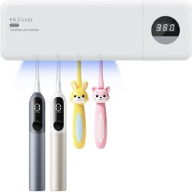 UV Toothbrush Sanitizer with Holder, Electric Toothbrush Holder Wall Mounted with Cover for 4 Slots, 2000mAh Rechargeable with Timer, Cordless Bathroom Organizer - White